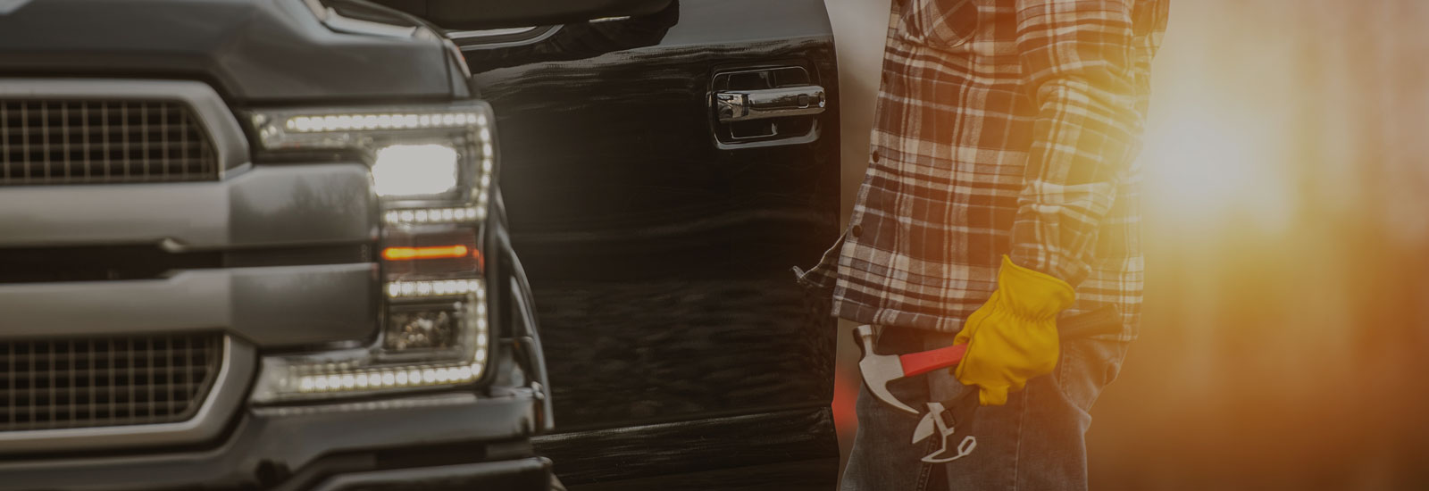 Photo of a man standing beside a black truck with tools in his hand